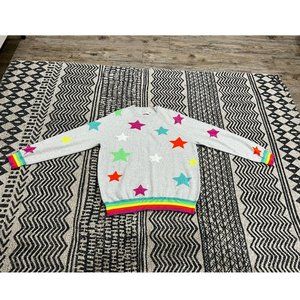 Brodie Cashmere Whisper Rainbow Star Stripe Neon Grey Sweater Small Silk Blend